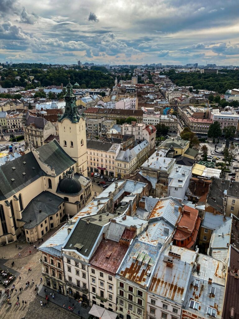 aerial view of city buildings during daytime, lviv ukraine