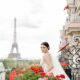 A bride standing in front of the eiffel tower